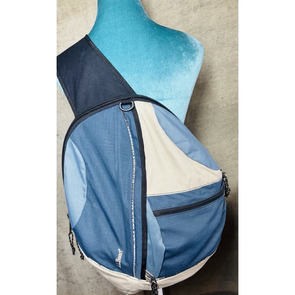 Vintage L.L. Bean Sling Backpack Blue Beige Crossbody Daypack Adjustable Strap